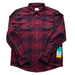 Fair Harbor Dunewood Ultra Stretch Flannel Shirt Cobalt Wine Plaid L Preppy Cozy